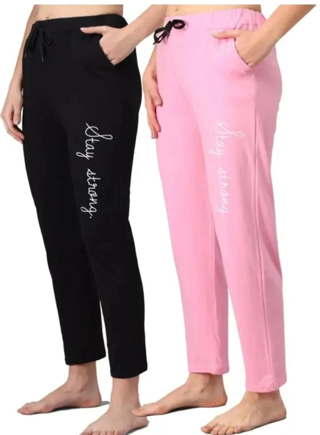 Cotton Blend Straight Fit Trouser for Women (Black & Pink, M) (Pack of 2)