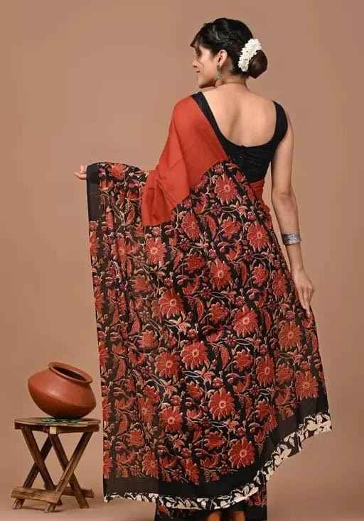 Rust Noir Mulmul Cotton Saree with Floral Elegance