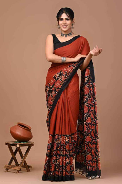 Rust Noir Mulmul Cotton Saree with Floral Elegance