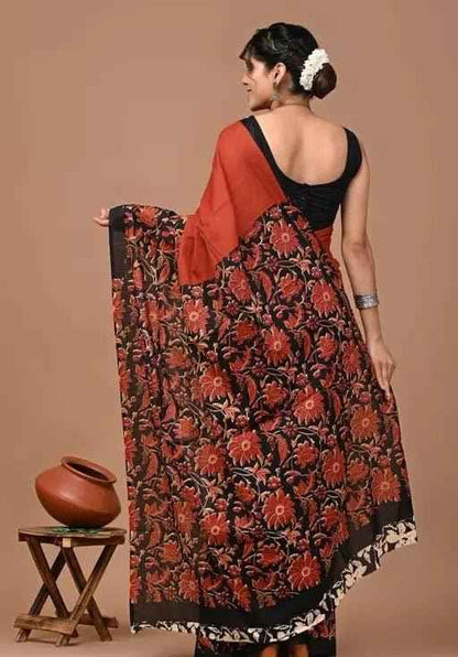 Rust Noir Mulmul Cotton Saree with Floral Elegance